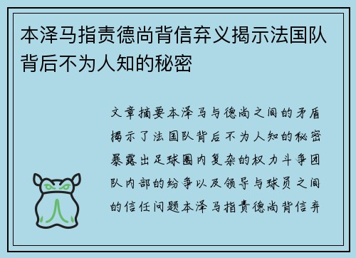 本泽马指责德尚背信弃义揭示法国队背后不为人知的秘密