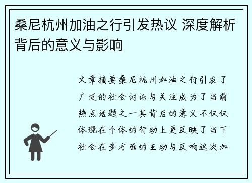桑尼杭州加油之行引发热议 深度解析背后的意义与影响