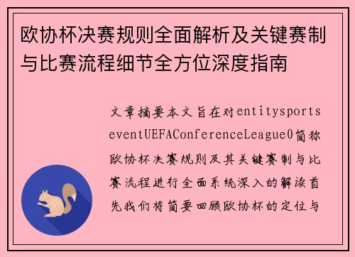 欧协杯决赛规则全面解析及关键赛制与比赛流程细节全方位深度指南