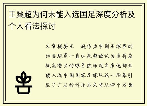 王燊超为何未能入选国足深度分析及个人看法探讨